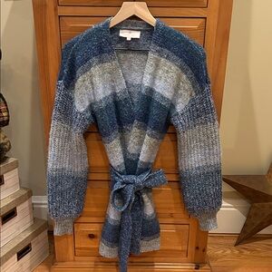 Laurie Felt Blue and Gray Striped Belted Cardigan. Size XS